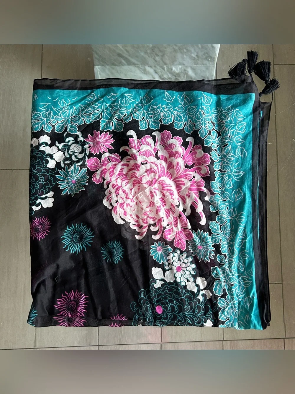 Women’s Black Floral Print Skarf with Teal & Pink Accents